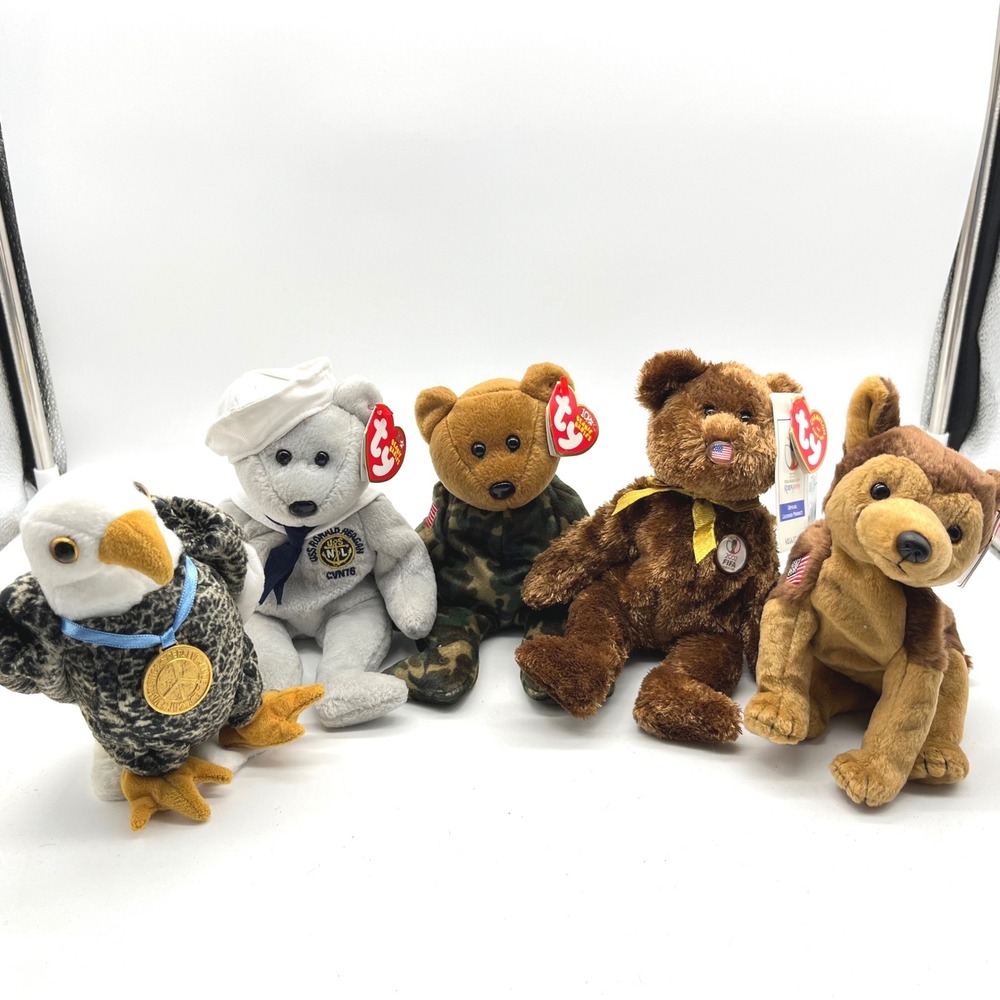 Ty Beanie Babies Patriotic Military Lot Valor Hero Ronnie Courage FIFA Bear 5pc